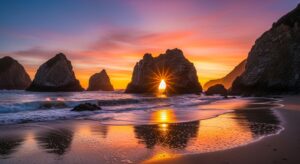 Pfeiffer Beach at sunset, with its unique rock formations and the sun setting behind the cliffs