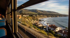 Scenic California train route with coastal and mountain views
