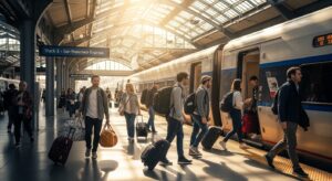 Travelers boarding a California train for a weekend getaway