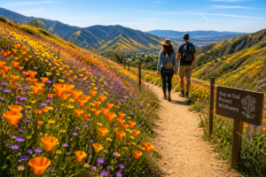 Visitors exploring a California wildflower trail in spring