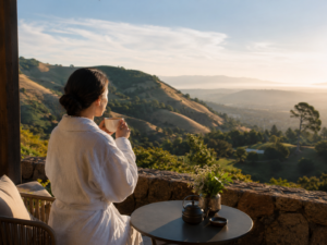 A traveler in a robe enjoying morning tea on a terrace overlooking California hills