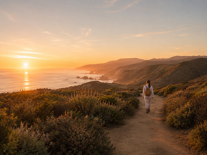 Traveler walking a quiet trail among trees or coastal cliffs during golden hour