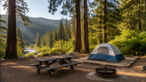 Easy California state park campground with picnic table and forest views