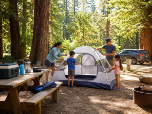 First-time campers setting up a tent in a California state park